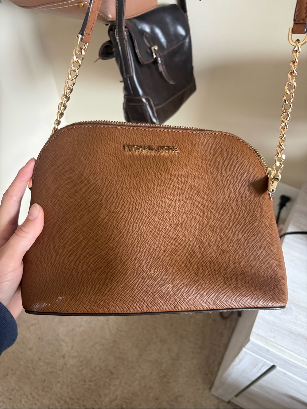 Michael Kors Cognac Saffiano Leather Crossbody with Gold Chain